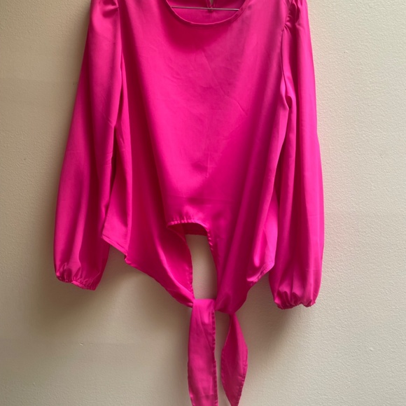 Hot Pink Tie Blouse M Long Sleeve. So Comfortable and Fun - Picture 2 of 4